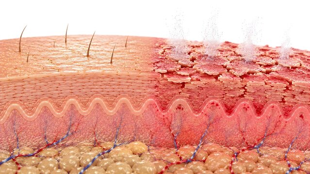 Healthy Skin Barrier vs Damaged Skin Barrier from Over-Exfoliation, 3D Medical Cross Section Illustration