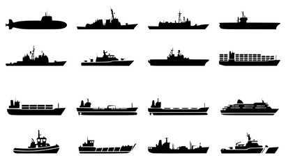 Obraz premium Military and Cargo Ship Silhouette Icon Set with Submarines Destroyers and Container Ships