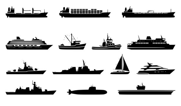Fifteen Ship Silhouettes Vector Set with Cargo Naval and Passenger Vessels