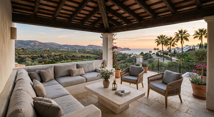 Obraz premium A covered patio with comfortable seating overlooks a scenic landscape of rolling hills, palm trees, and the ocean at sunset.