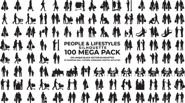 People & Lifestyles Silhouette 100 Mega Pack, Black Vector Illustrations, Diverse Activities, Modern Life, Shopping, Walking, Business, Family Moments