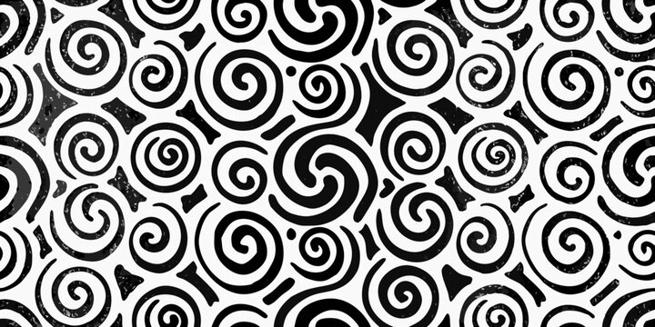 Swirling curl pattern seamless black and white vector illustration