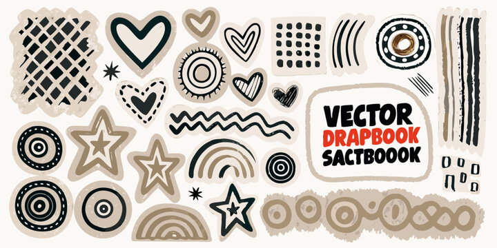 Doodle scrapbook collection vector illustration with hearts stars and wavy lines