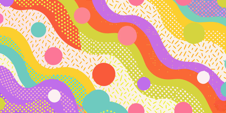 Colorful abstract memphis style vector pattern with circles and waves