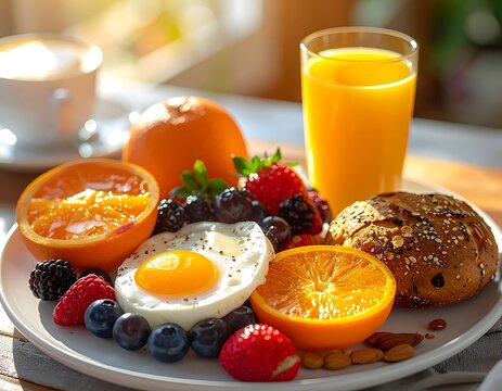 A plate of breakfast foods with an egg, fruits, and bread