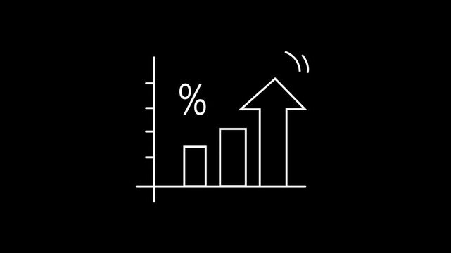 Percentage bar chart with upward arrow animation, financial growth statistics, business market share increase, and profitable data visualization presentation info-graphic. black background.