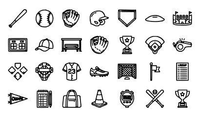 Baseball Sports Icons Collection with Editable Stroke Professional Game Equipment Vector Set © Lipon