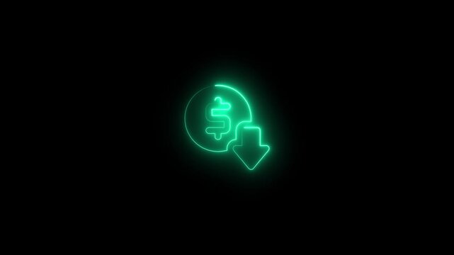 Neon dollar coin with downward arrow financial loss and market decline concept animation glowing currency