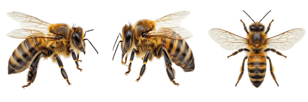 Set of a highly detailed, furry worker bee in flight, essential for nature, pollination, agricultural, and eco-friendly illustrations, isolated on a transparent background.
