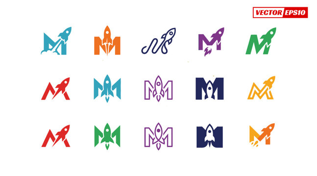Collection of creative letter M logos with rocket and crown elements.