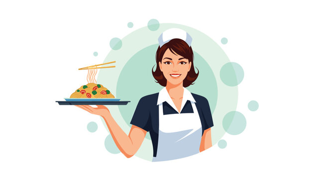 Friendly waitress or nurse in a uniform and cap holds a tray with a steaming bowl of noodles and chopsticks in a soft green circle.