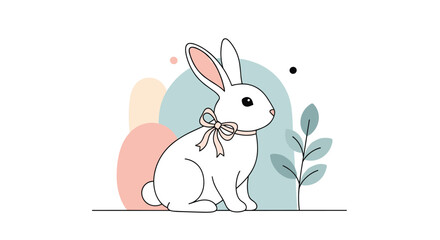 Obraz premium Adorable white rabbit with a pink ribbon collar sits gracefully next to a simple leafy plant on a clean background.