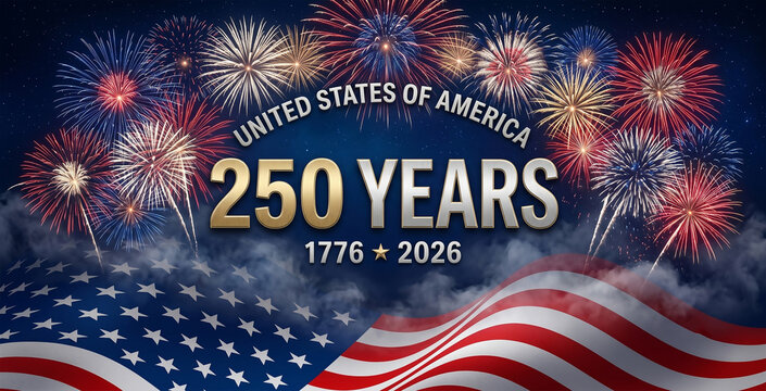 Fireworks display with american flag and commemorative text for two-hundred-fifty years pyrotechnics celebration commemoration anniversary