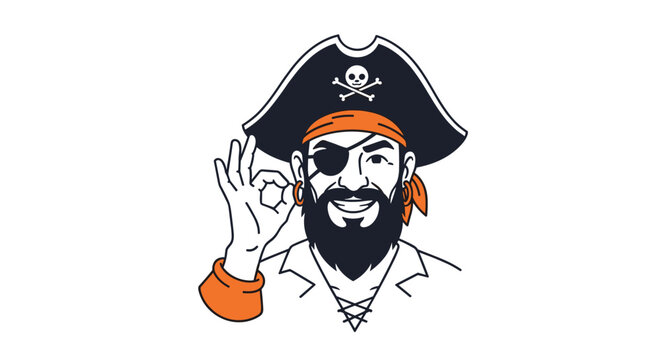 Jolly pirate captain with a beard and eye patch makes an okay hand sign in a colorful character mascot logo.