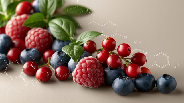 Premium healthy food composition with antioxidant berries and organic chemistry overlay showcasing food science and longevity nutrition