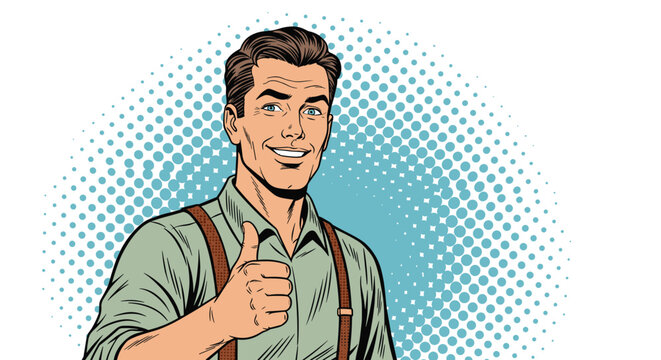 Confident man in vintage pop art style giving thumbs up sign with Ben-Day dot pattern and blue circular background design.