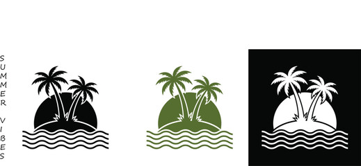 Obraz premium Tropical Island Silhouette with Palm Trees, Sunset and Sea Waves Vector Set