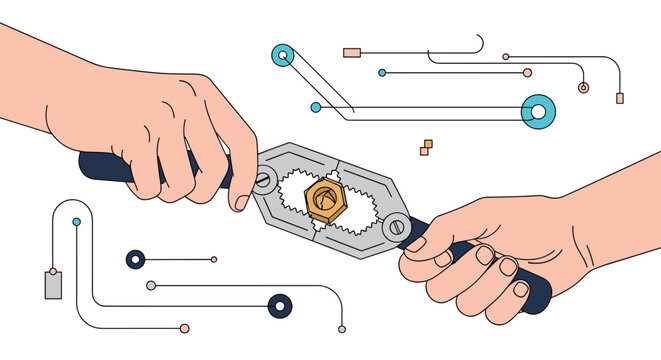 Diagram showing human hands using specialized metal nutcracker tool to crack walnut against abstract technical background.