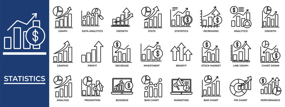 Statistic icon set collection. Containing statistics, value, visual, inspection, profit, progress, improvement .Line vector icons collection