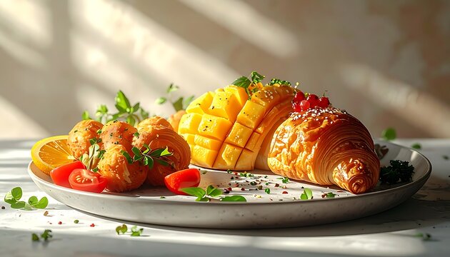 A plate of food with a croissant and fruit and vegetables