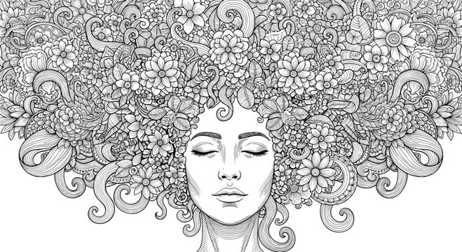 Detailed black and white coloring page style illustration of a woman face with hair blooming with diverse flowers and swirls.