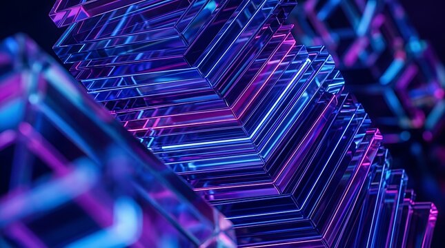 Close-up abstract view of layered glass rectangles with glowing neon purple and blue light edges on dark background 3d render
