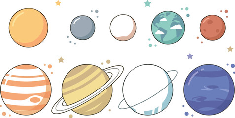 Solar system planets vector set with sun moon earth mars jupiter saturn and colorful stars isolated on white background. © Mousumi