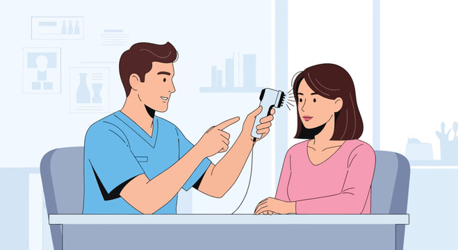 Medical check-up: Doctor takes patient's temperature with infrared thermometer