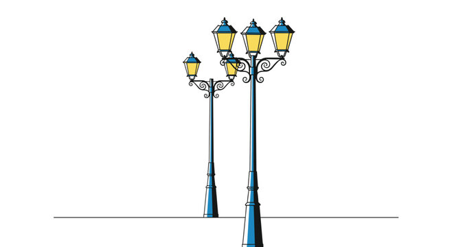 Graphic illustration of classic three-headed blue street lamps with glowing yellow lanterns against a white background for urban design.