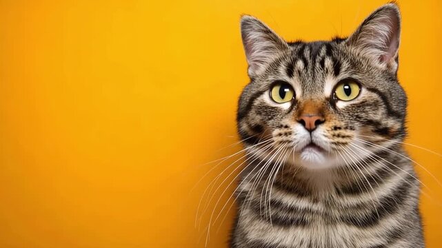 Funny tabby cat yawning widely and stretching out on a vibrant orange background