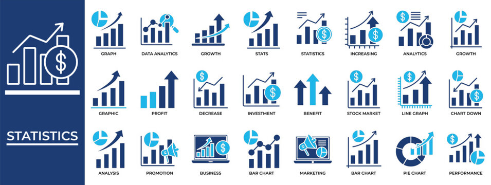 Statistic icon set collection. Containing statistics, value, visual, inspection, profit, progress, improvement .Solid vector icons collection