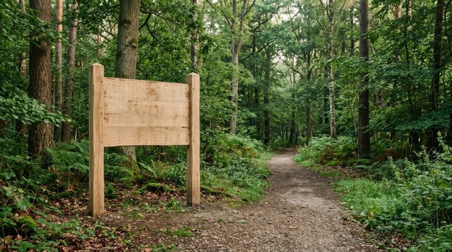 Wooden sign on forest trail path.
