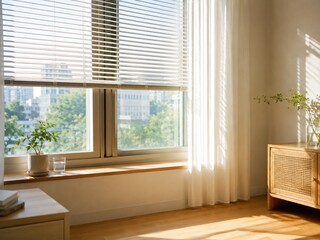 Fototapeta premium Korean Summer Heat at Home Series - Strong Sunlight in Minimal Apartment Interior