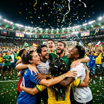 Friends Hugging Ecstatically Celebrating Football Victory with Confetti
