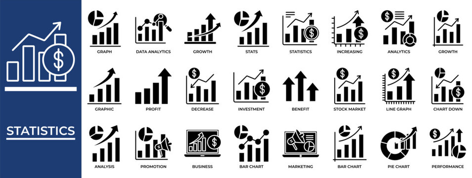 Statistic icon set collection. Containing statistics, value, visual, inspection, profit, progress, improvement .Solid vector icons collection