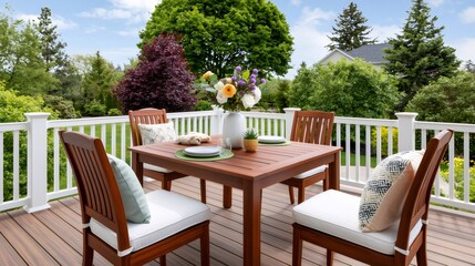 Fototapeta premium Wooden deck with outdoor dining furniture setup