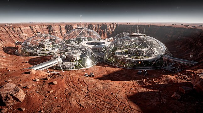 Futuristic colony with glass domes on Mars.