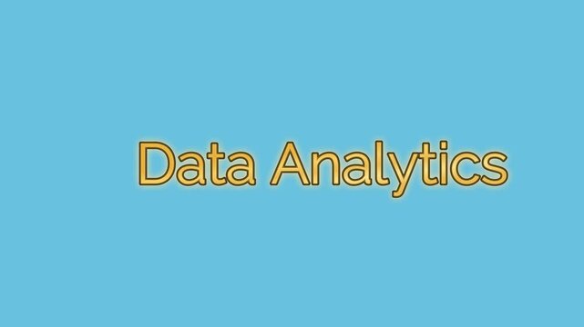 Data analytics text displayed in a bright yellow font with a soft glowing effect set against a solid light blue background in this professional digital motion graphic animation video clip