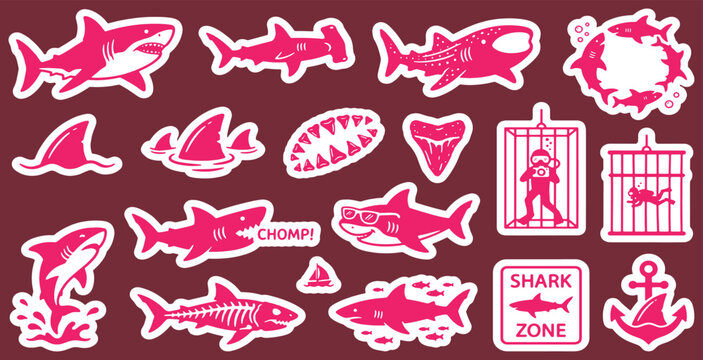 Set of various pink shark illustrations and related elements on a dark background, perfect for marine-themed designs.