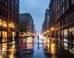 Fototapeta premium Rainy Urban Street Reflecting City Lights at Dusk Between Tall Buildings