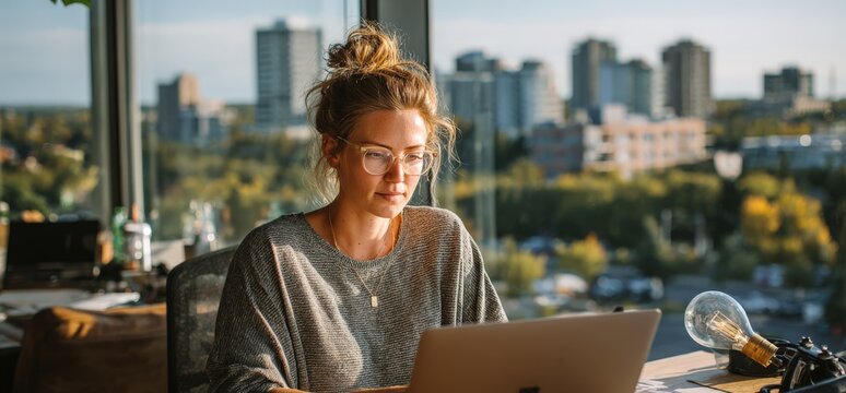 Young woman with glasses working on laptop at modern office desk, city skyline visible through large windows, warm sunlight illuminating the workspace