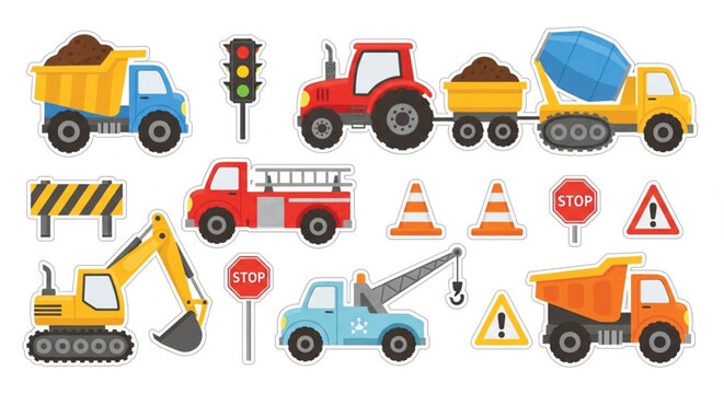 Cute construction vehicles vector clipart set with cartoon dump truck excavator fire engine and road signs on white background