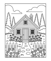 Naklejka premium Black and white of a house with a picket fence and flowers cottage garden coloring book page in white background