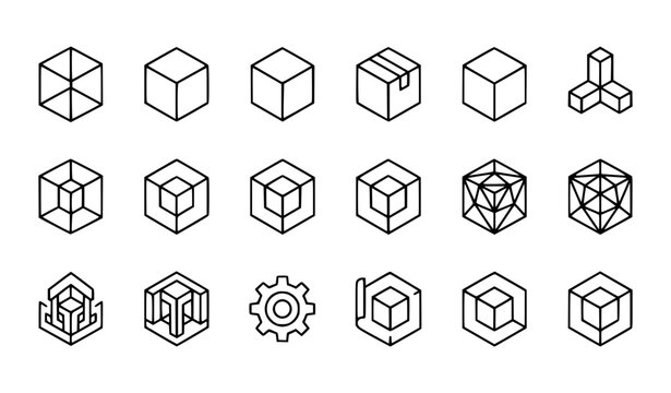 3D Model and Engineering Cube Thin Line Icon Set Vector EPS 10