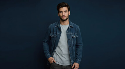 Obraz premium Handsome young man in denim jacket and casual tee against dark navy background, confident mood