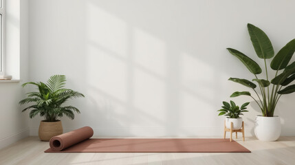 Fototapeta premium Minimalist yoga mat in sunlit room with indoor plants creating calm wellness scene