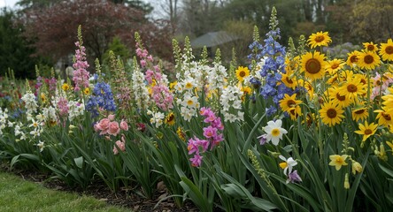 Fototapeta premium Document meticulously arranged May garden blooms highlighting diverse floral species in expansive � Professional Stock Photography Concept for Commercial and Marketing Use