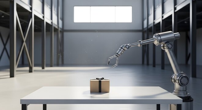 Robot arm packaging a box in a warehouse