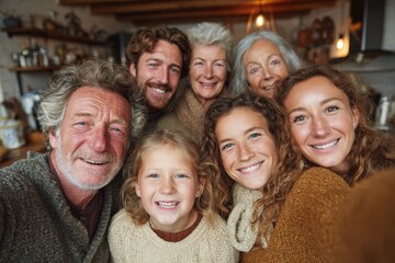 Fototapeta premium Family portrait featuring six smiling individuals of diverse ages, gathered closely together in a cozy indoor setting with warm lighting and rustic decor