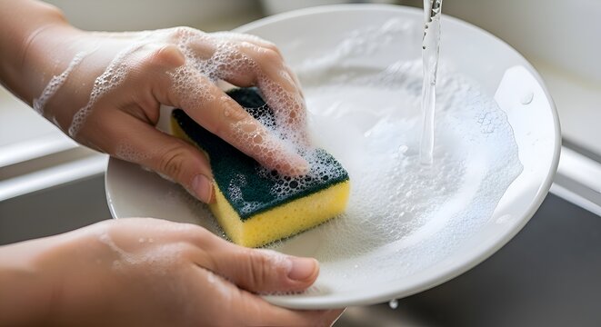 Hand washing a white plate with soap bubbles and running water, close-up